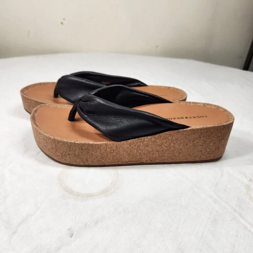 Lucky Brand Womens Size 10 Lellina Corck Platform Wedge Thong Sandal Black 902